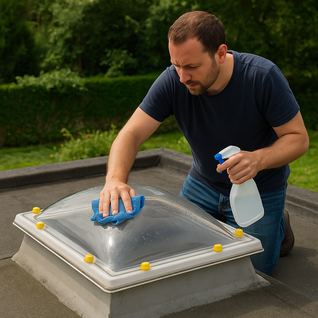 Man reinigt acrylaat lichtkoepel op plat dak met spray en doek