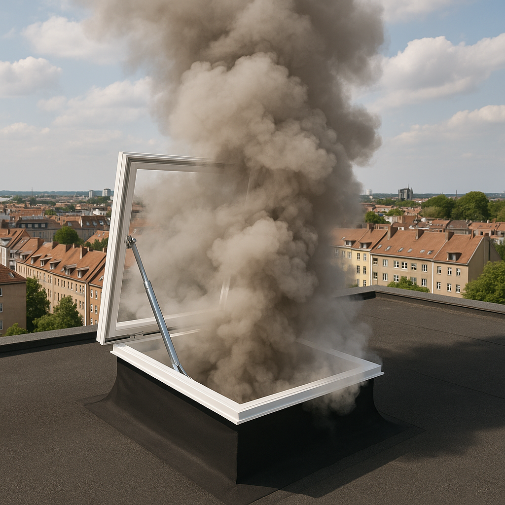Openstaand rook- en warmteafvoersysteem op appartementsdak met opstijgende grijze rook tijdens een simulatie, met stad op de achtergrond

Laat me weten of je een variant wenst met merknaam (bv. Skylux RWA) of technische termen zoals "brandveiligheid" of "NEN-norm".